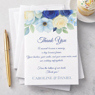 Navy Royal Bue Wedding Waterverf Ivoorbloemen Bedankkaart