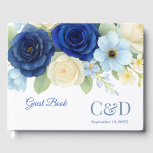 Navy Royal Bue Wedding Waterverf Ivoorbloemen Gastenboek
