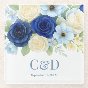 Navy Royal Bue Wedding Waterverf Ivoorbloemen Glazen Onderzetter