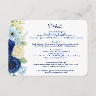Navy Royal Bue Wedding Waterverf Ivoorbloemen Informatiekaartje