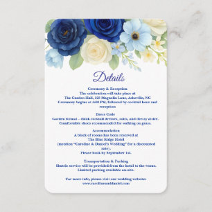 Navy Royal Bue Wedding Waterverf Ivoorbloemen Informatiekaartje