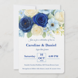 Navy Royal Bue Wedding Waterverf Ivoorbloemen Kaart