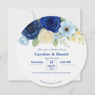 Navy Royal Bue Wedding Waterverf Ivoorbloemen Kaart