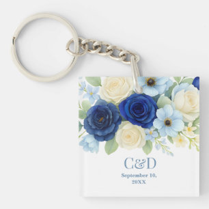 Navy Royal Bue Wedding Waterverf Ivoorbloemen Sleutelhanger