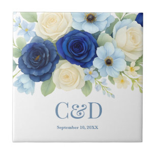 Navy Royal Bue Wedding Waterverf Ivoorbloemen Tegeltje