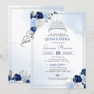 Navy Royal Light Blue Silver Roos Flor Quinceañera Kaart