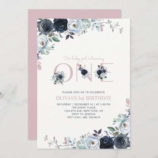 Navy & Roze Boho Floral Girl 1e verjaardag Kaart (Voorkant / Achterkant)