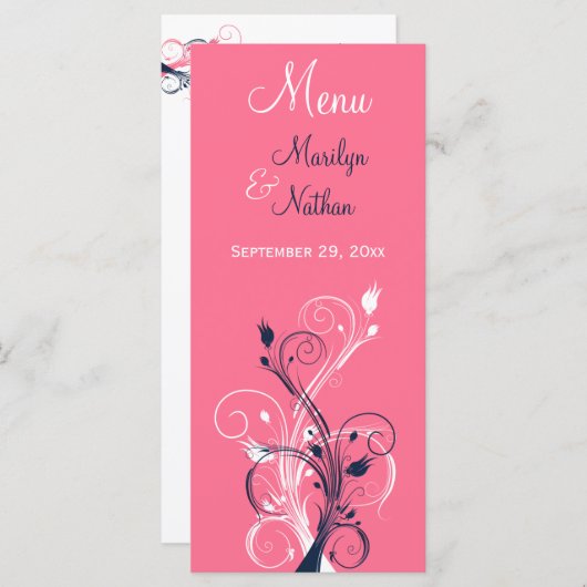 Navy, Roze, en Witte Bloemen Menu Kaart (Voorkant / Achterkant)