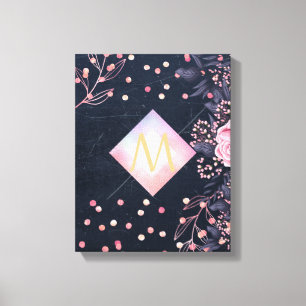 Navy Roze Goud Monogram Cadeaus Meisjesachtig Bloe Canvas Afdruk