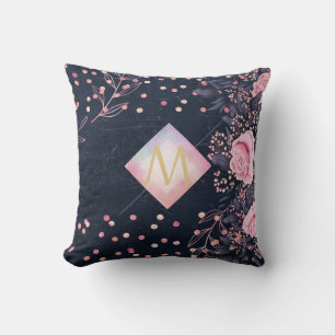 Navy Roze Goud Monogram Cadeaus Meisjesachtig Bloe Kussen