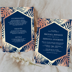 Navy Roze Goud Tropische Palm All-in-One Bruiloft Kaart