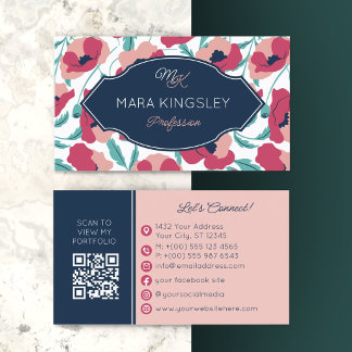 Navy Roze Moderne Klaproos Patroon Monogram Visitekaartje