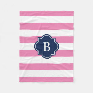 Navy & Roze Monogram Stripe   Fleece Blanket Deken