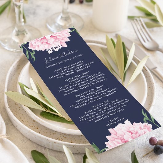 Navy roze pioen Waterverf bruiloft Menu