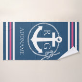 Navy Roze Stripes Anchor Rope Aangepaste badhanddo Badhanddoek (Badhanddoek)