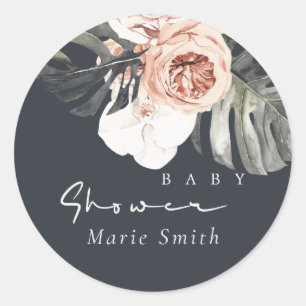 NAVY RUST BLUSH MONSTERA FLORAL BABY SHOWER RONDE STICKER