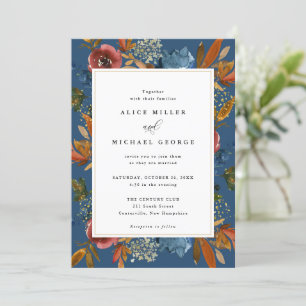 Navy & Rust Boho Floral, Blue Wedding Invitation Kaart