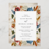 Navy & Rust Boho Floral, Light Wood Weddenschap Kaart (Voorkant / Achterkant)