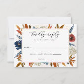 Navy & Rust Boho Flowers Gold Lijst Wedding RSVP Kaartje (Voorkant)