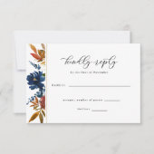 Navy & Rust Boho Flowers White Wedding RSVP Kaart (Voorkant)