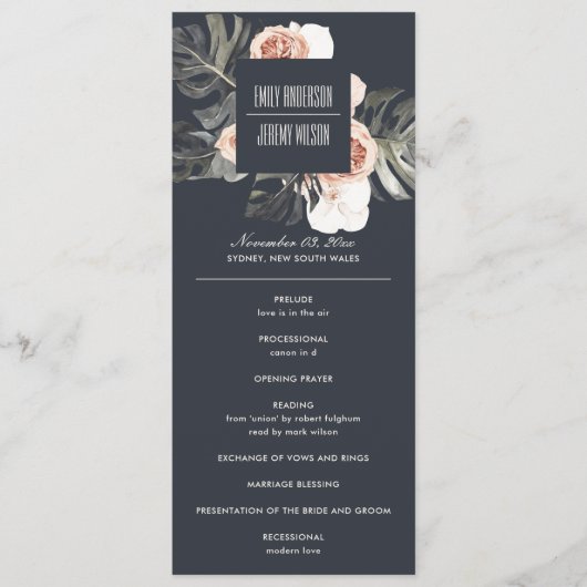 NAVY RUST MONSTERA FLORAL WEDDING CEREMONY PROGRAM MENU (Voorkant)