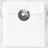 NAVY RUST MONSTERA PEONY FLORAL MONOGRAM WEDING RONDE STICKER (Tas)