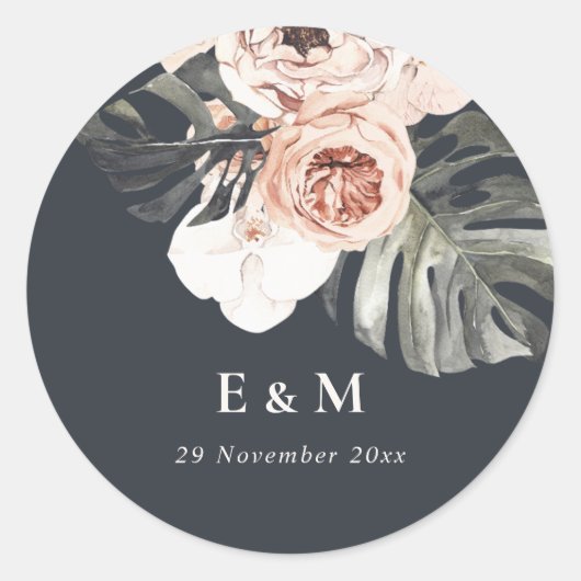 NAVY RUST MONSTERA PEONY FLORAL MONOGRAM WEDING RONDE STICKER (Voorkant)