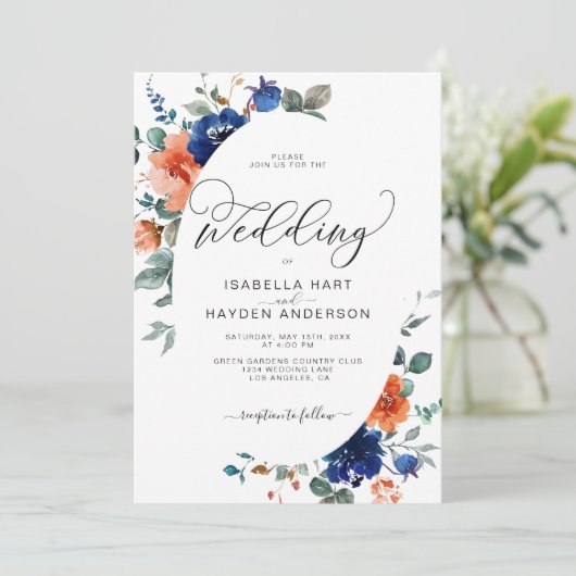 Navy Rust Sinaasappel Burnt Floral Waterverf Weddi Kaart (Staand voorkant)