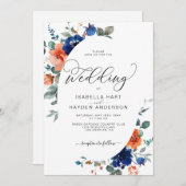 Navy Rust Sinaasappel Burnt Floral Waterverf Weddi Kaart (Voorkant / Achterkant)