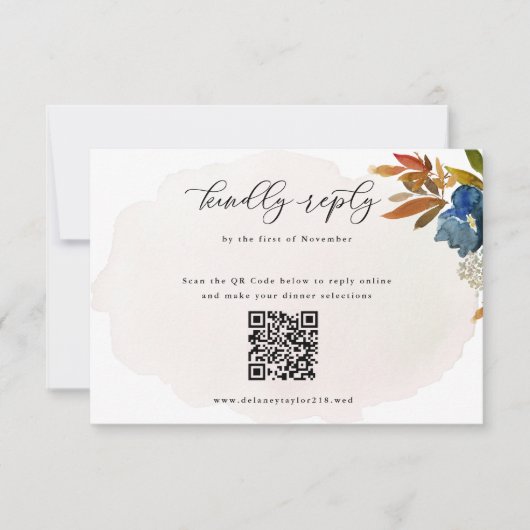 Navy & Rust Waterverf Boho Bloem Bruiloft QR Code RSVP Kaartje (Voorkant)