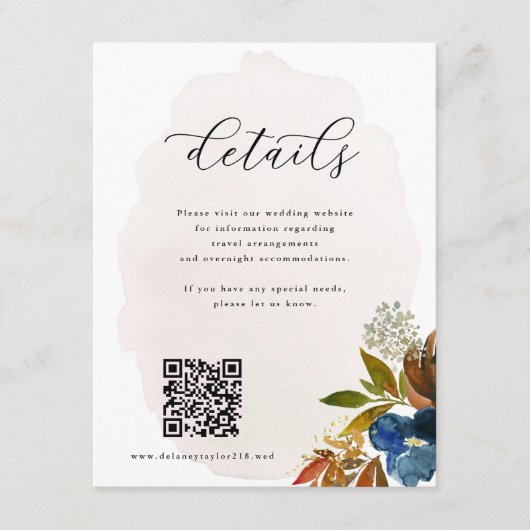 Navy & Rust Waterverf Boho Bloemen QR Code Bruilof Informatiekaartje (Voorkant)