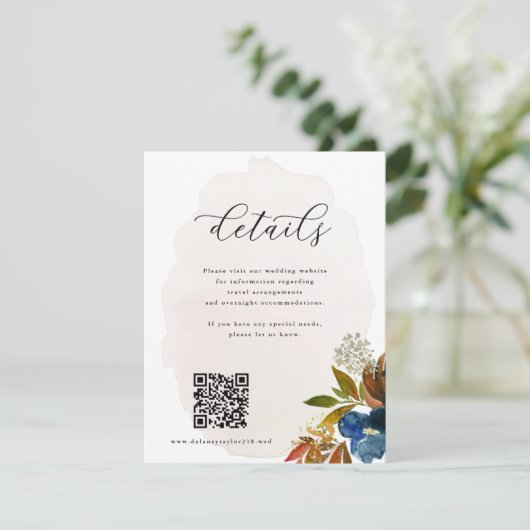 Navy & Rust Waterverf Boho Bloemen QR Code Bruilof Informatiekaartje (Staand voorkant)