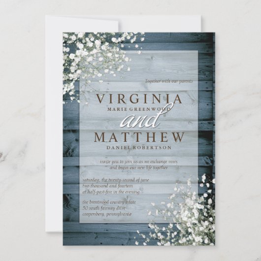 NAVY RUSTIC BABY'S BREATH WEDDING INVITATION KAART (Voorkant)