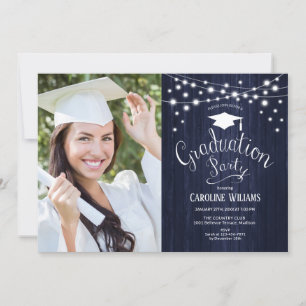 Navy Rustic Graduy Party with Photo Invitation Kaart