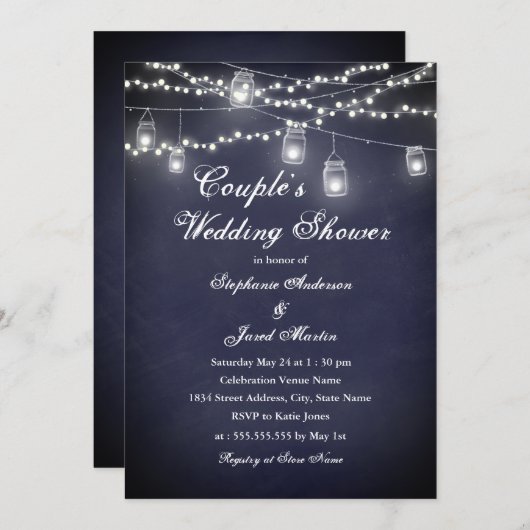 Navy Rustic String Lights Echtpaar Trouwdouche Kaart (Voorkant / Achterkant)