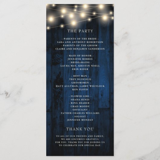 Navy Rustic Wood String Light Wedding Programma (Achterkant)