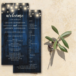 Navy Rustic Wood String Light Wedding Programma