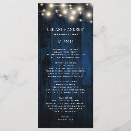 Navy Rustic Wood String Lights Wedding Menu (Voorkant)