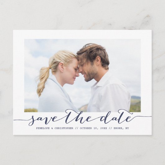 Navy Save the Date Script Lijst Fotoaankondiging Aankondigingskaart (Voorkant)