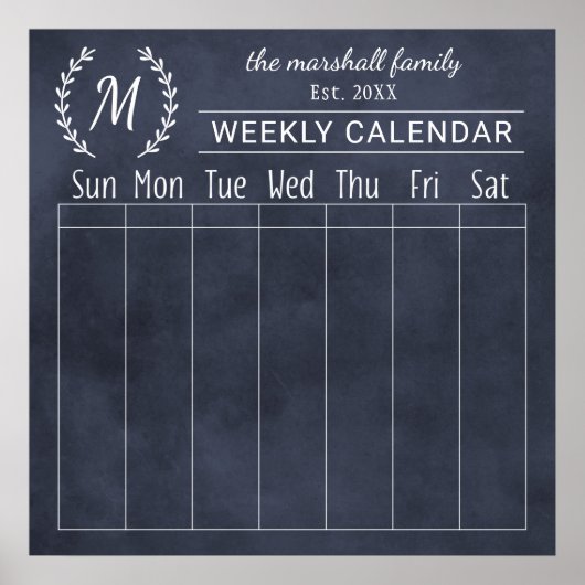 Navy Schoolbord Weekelijkse Familie Monogram Kalen Poster (Voorkant)