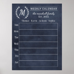Navy Schoolbord Weekelijkse Familie Monogram Kalen Poster