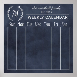 Navy Schoolbord Wekelijkse Gezins Monogram Kalende Poster