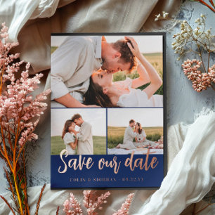 Navy Script 3 Foto's Bruiloft Save Our Date Folie Uitnodiging Briefkaart