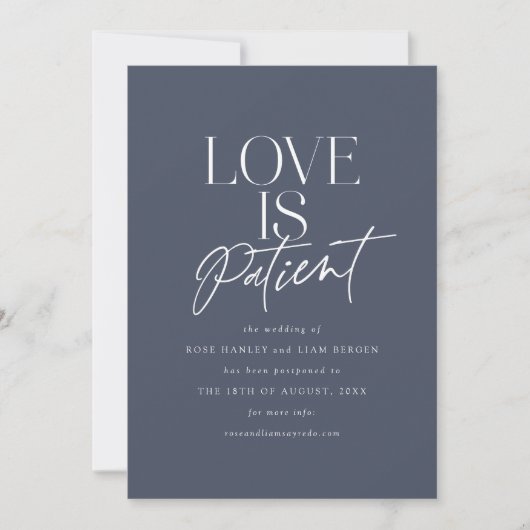 Navy Script Love Wedding Postponed Change the Date Aankondiging (Voorkant)