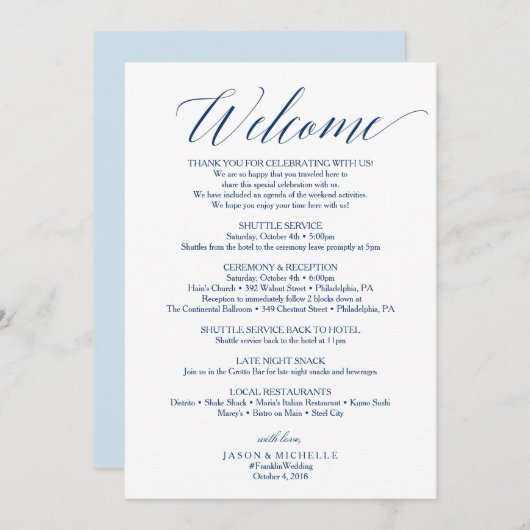 Navy Script Trouwroute Welkomstbrief Programma (Voorkant / Achterkant)