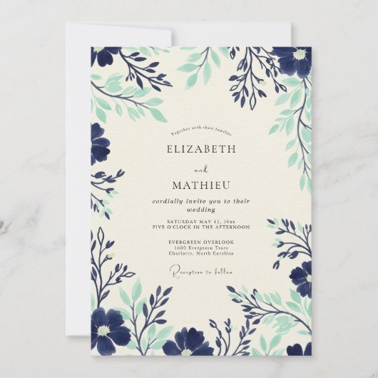 Navy Seafoam Timeless Botanical Wedding Kaart (Voorkant)