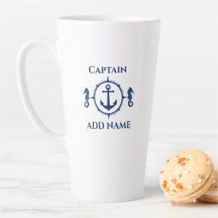 Navy Seahorse & Anchor Name of Boat 2 Sided Large Latte Mok