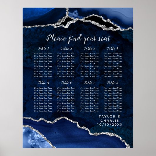 Navy Silver Agate Wedding 8 Tables Seating Chart Poster (Voorkant)