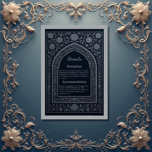 navy silver Arabic arch Wedding Informatiekaartje