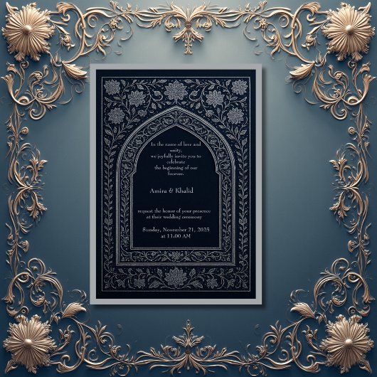 navy silver Arabic arch Wedding Kaart